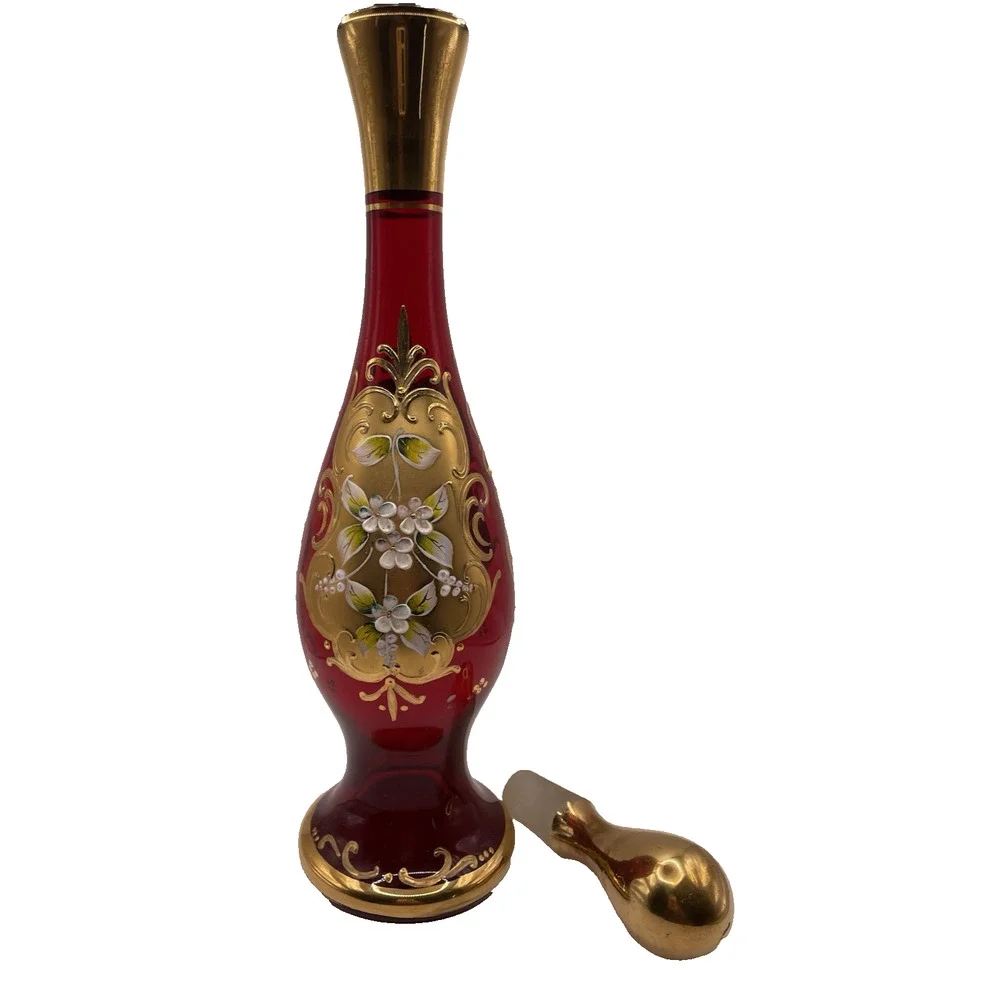 Vintage RED Tre Fuochi Murano Venetian Glass Aperitif Set gold Plated Italy
